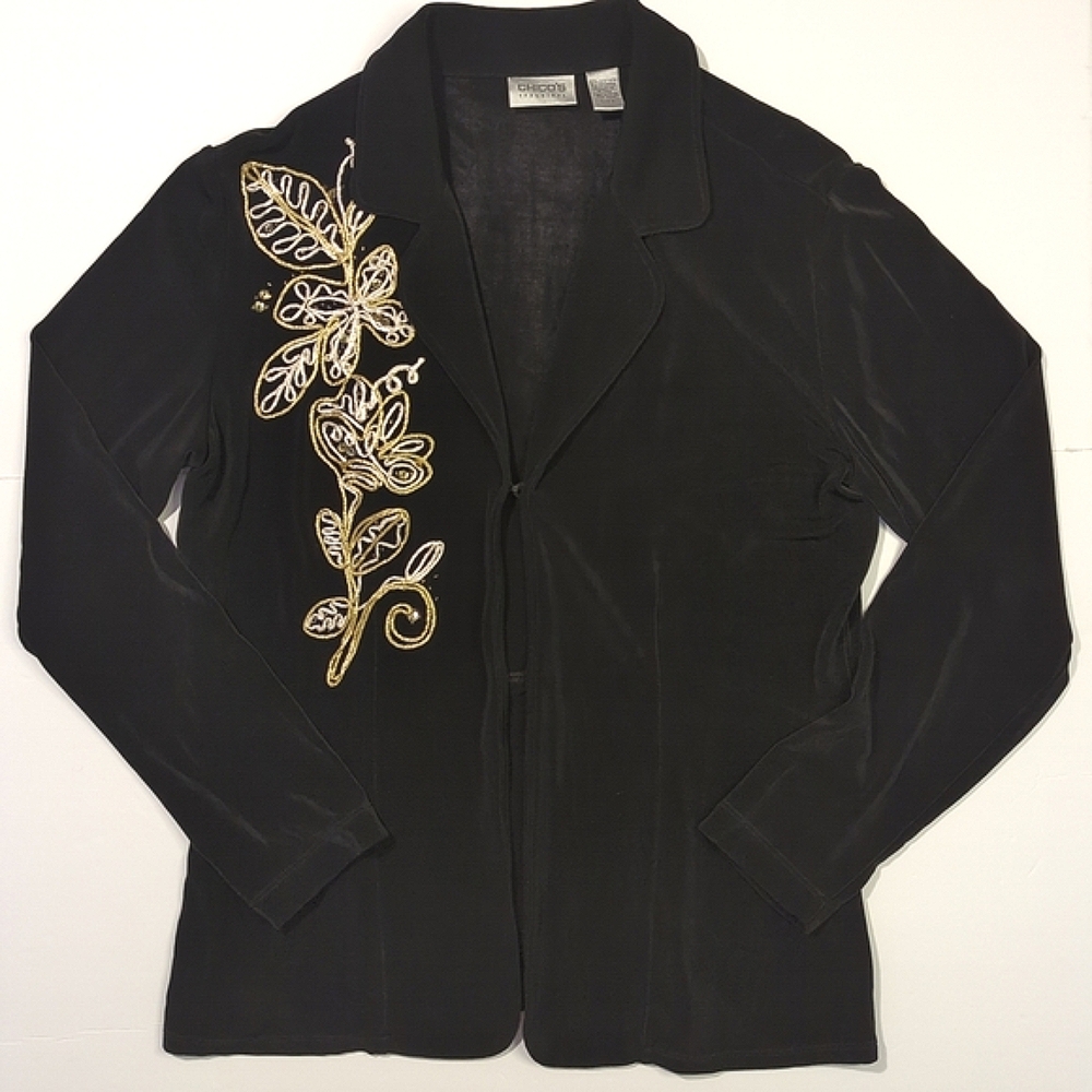 Chico's Travelers Black Cardigan Gold And White Detail - Chico's 2 / Women's L